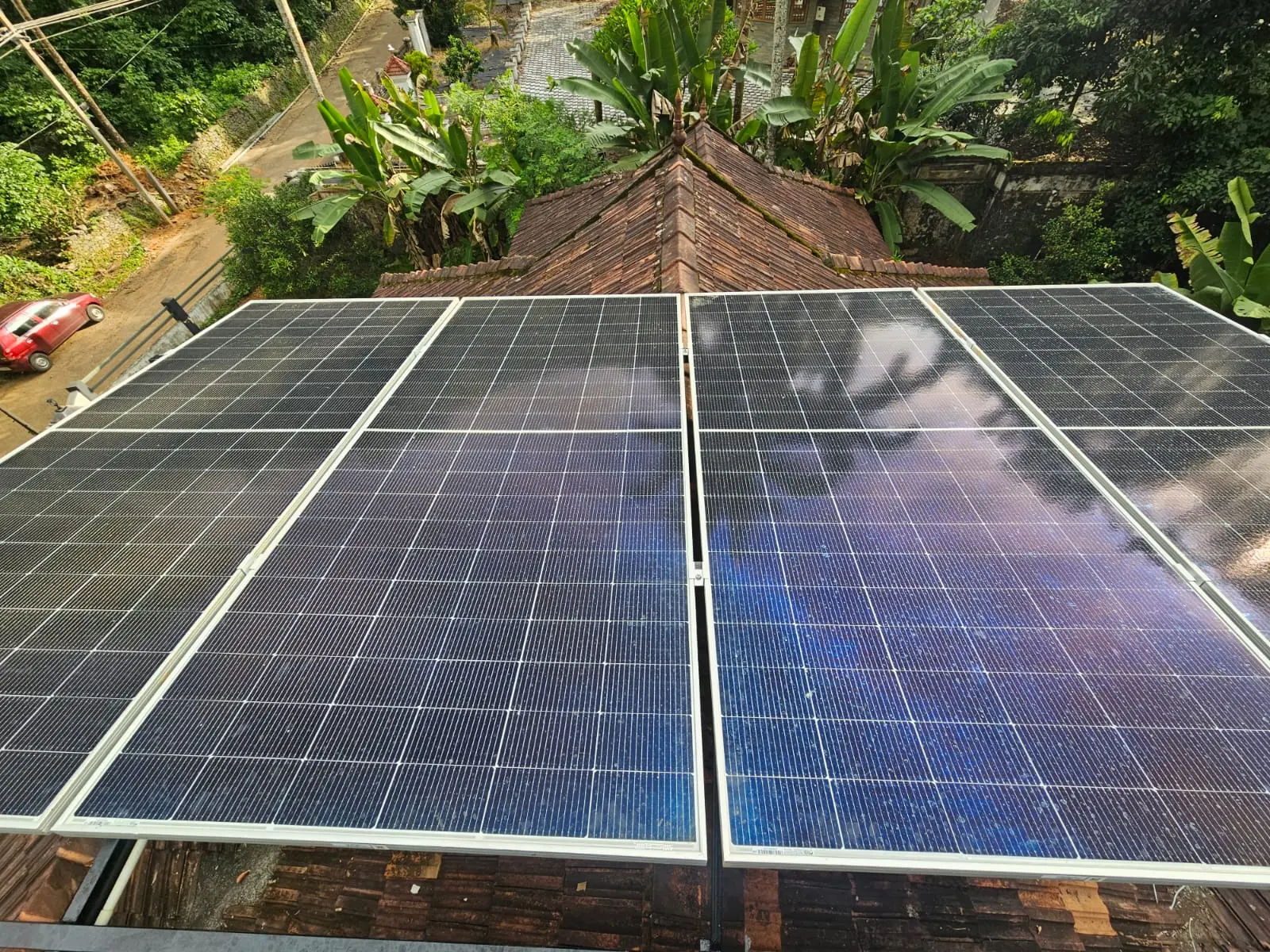 Solar panels on tiled rooftop